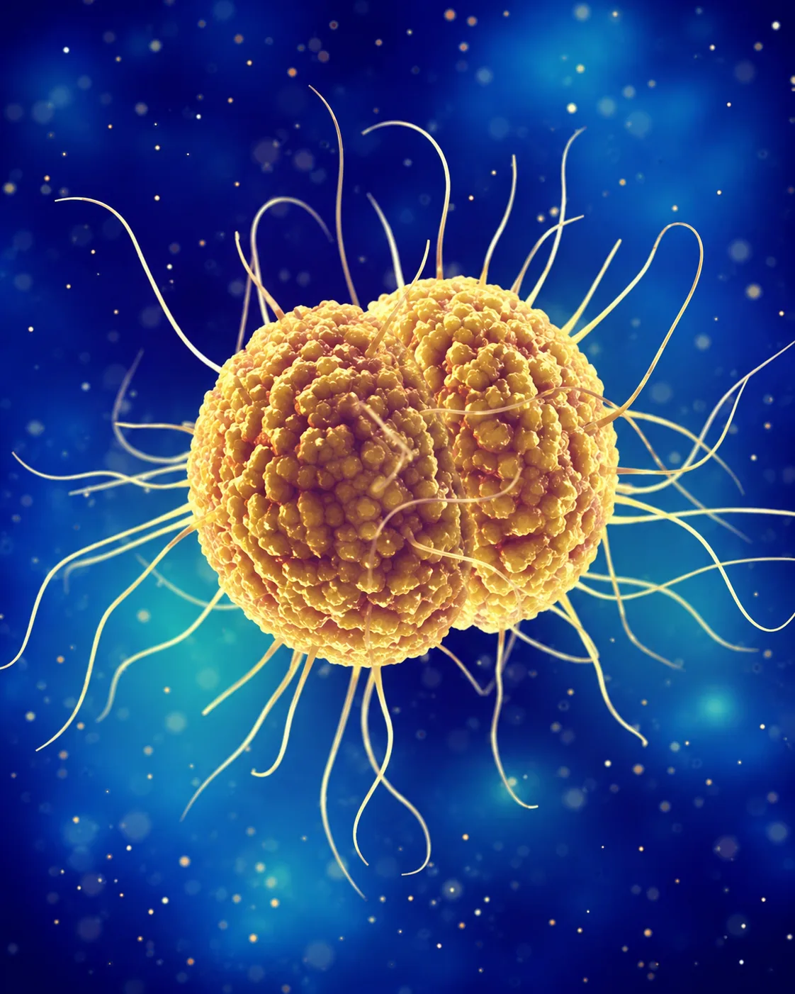Microscope-style illustration of gonorrhea bacteria
