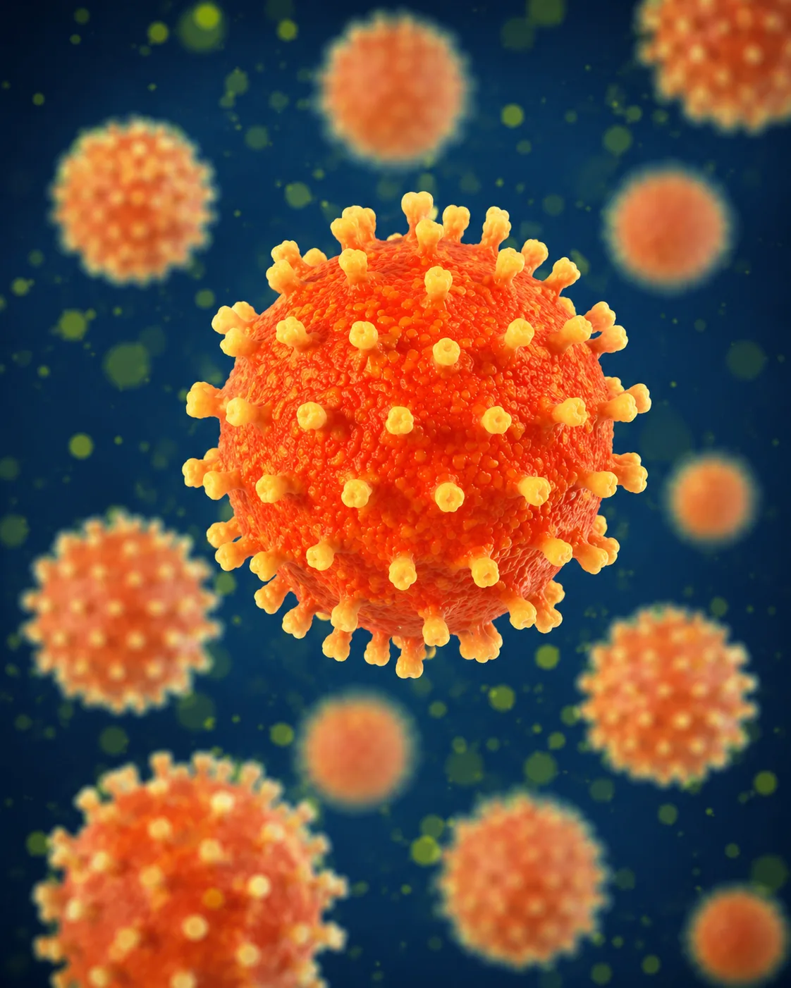 Microscope-style illustration of herpes simplex virus particles