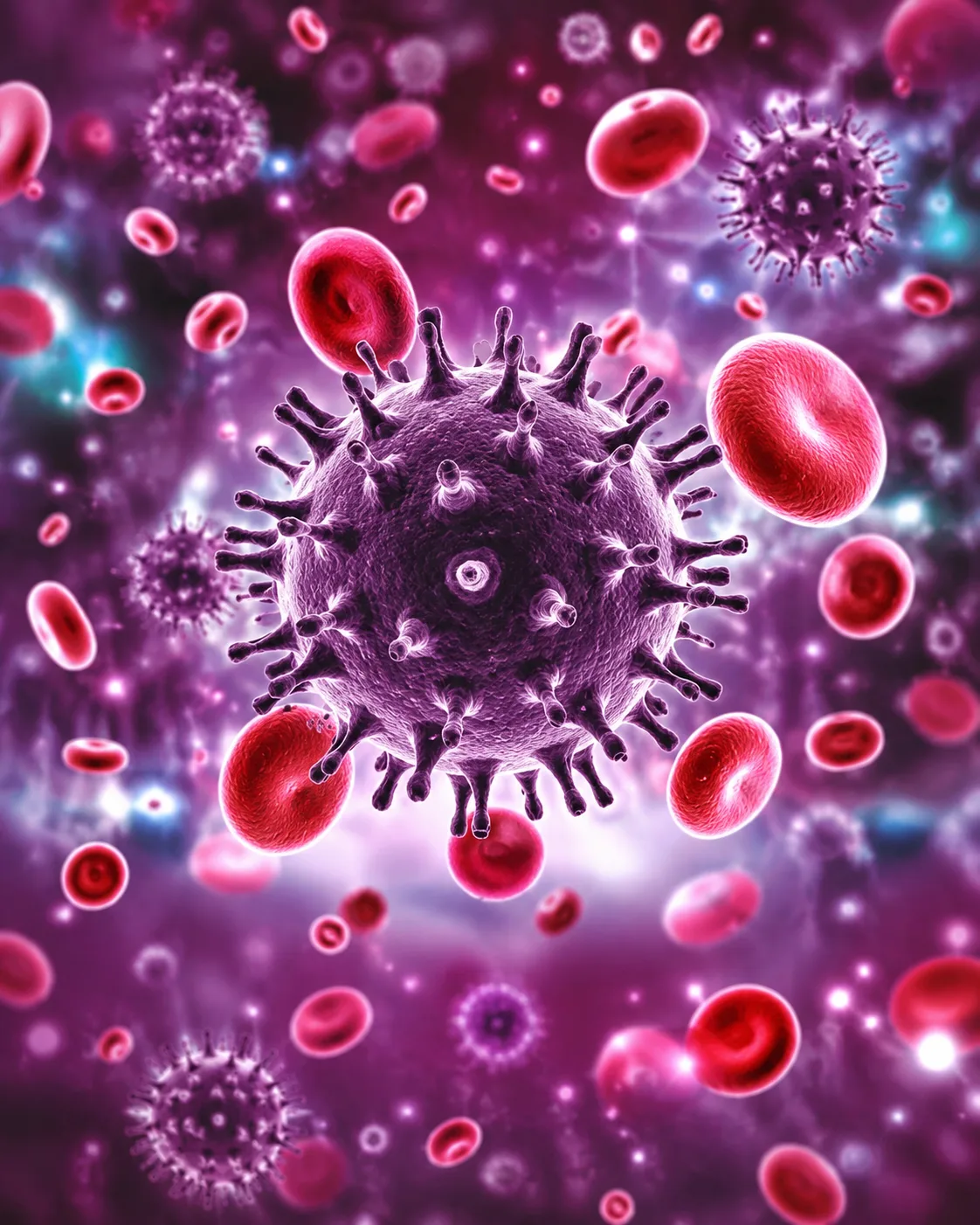 Microscope-style illustration of HIV particles among red blood cells