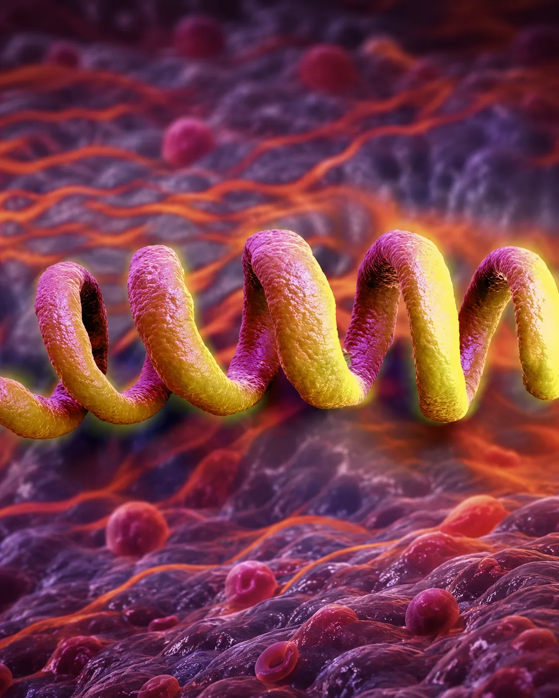 Microscope-style illustration of the spiral-shaped syphilis bacterium