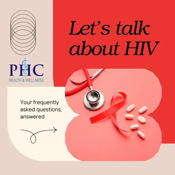 Let’s talk about HIV: your frequently asked questions, answered. PHC Health & Wellness graphic with a stethoscope, a red awareness ribbon and pills.