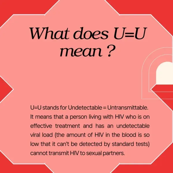What does U=U mean? U=U stands for Undetectable = Untransmittable. A person living with HIV who is on effective treatment and has an undetectable viral load (so little HIV in the blood that standard tests cannot detect it) cannot transmit HIV to sexual partners.