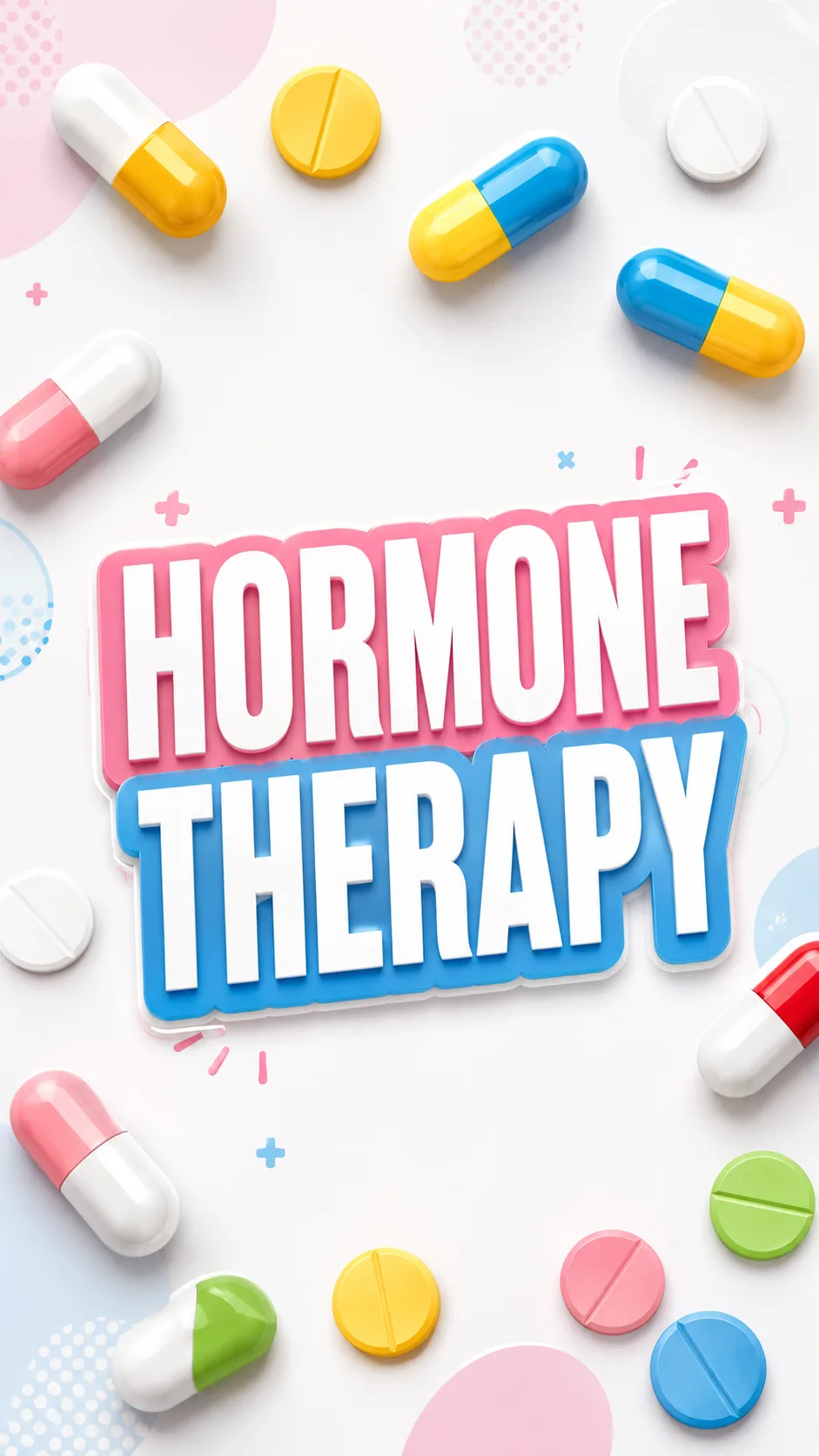 Hormone therapy title graphic surrounded by colorful pills and capsules