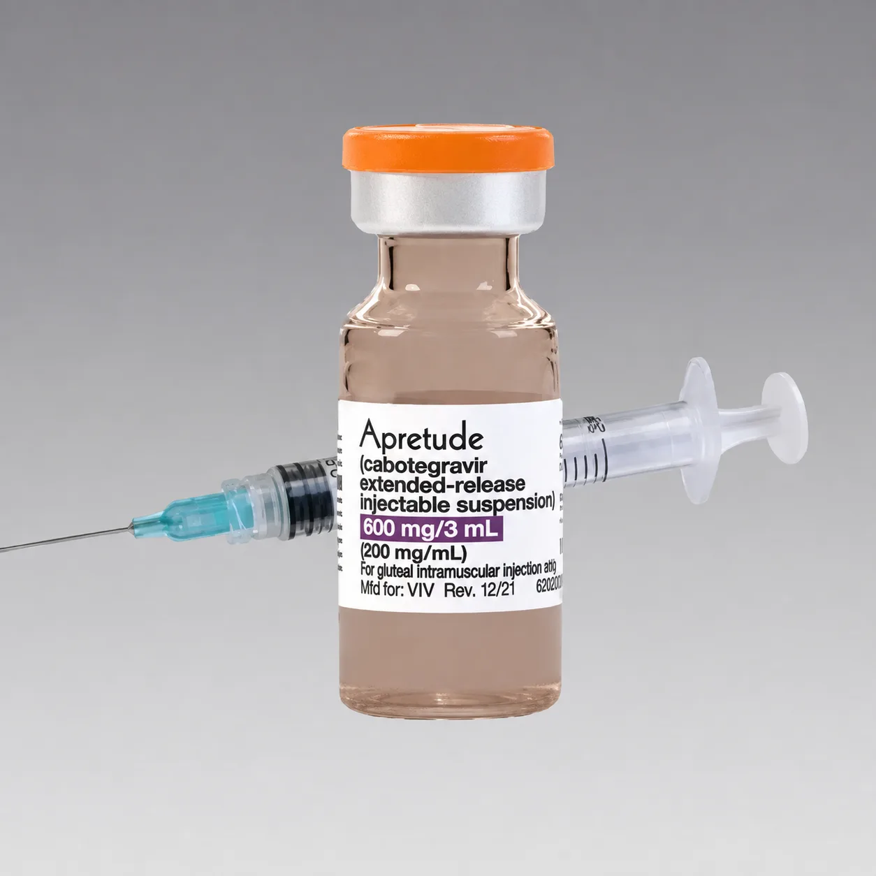 An Apretude cabotegravir extended-release injectable suspension vial with a syringe