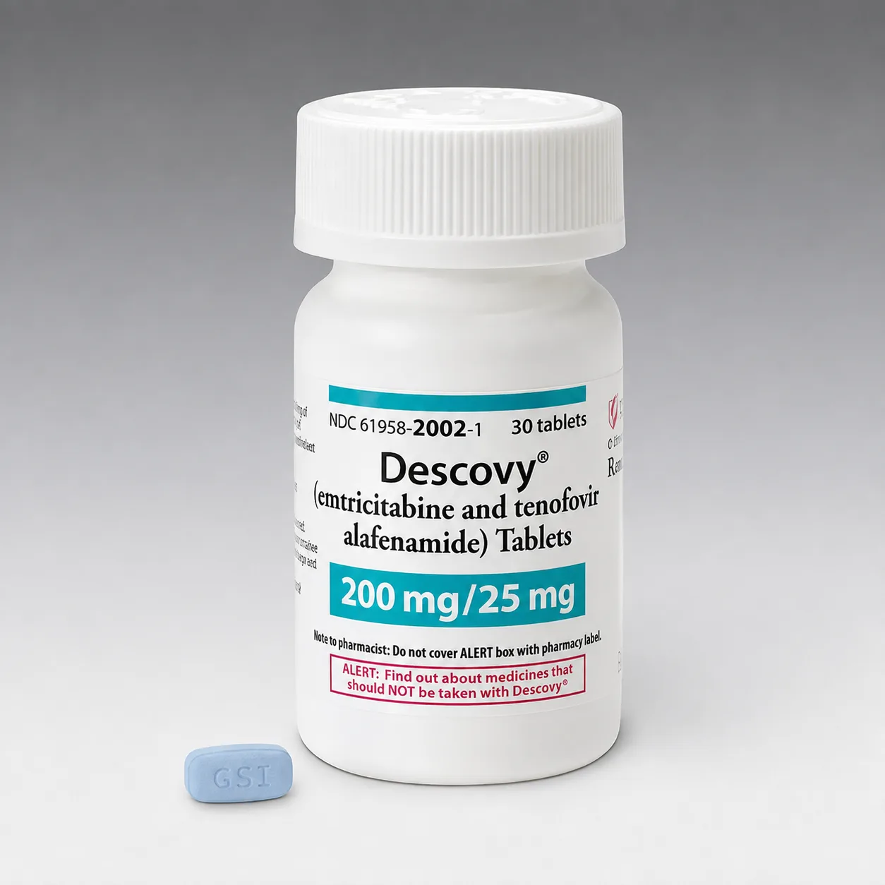 A bottle of Descovy tablets with a single blue tablet beside it