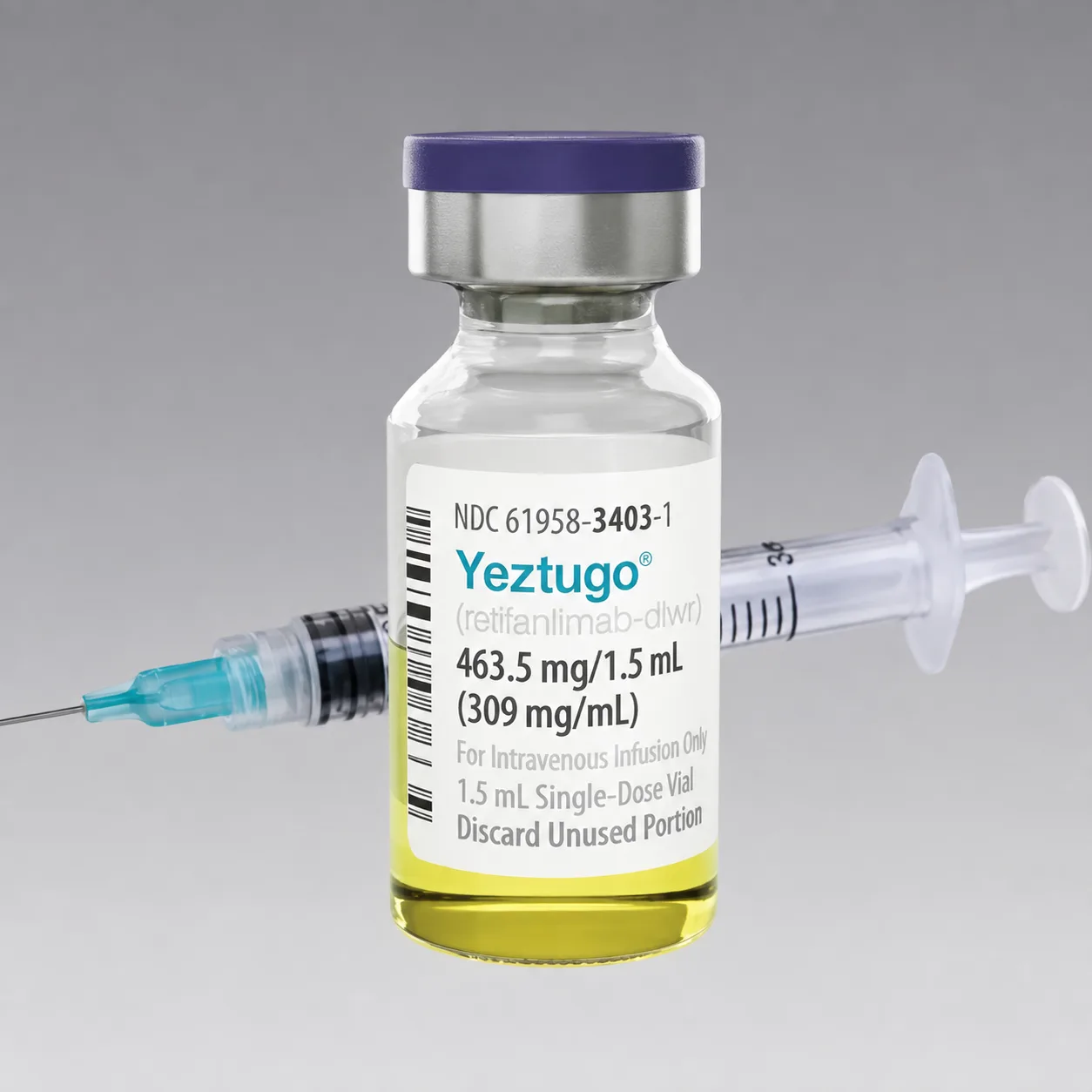 A Yeztugo single-dose vial with a syringe