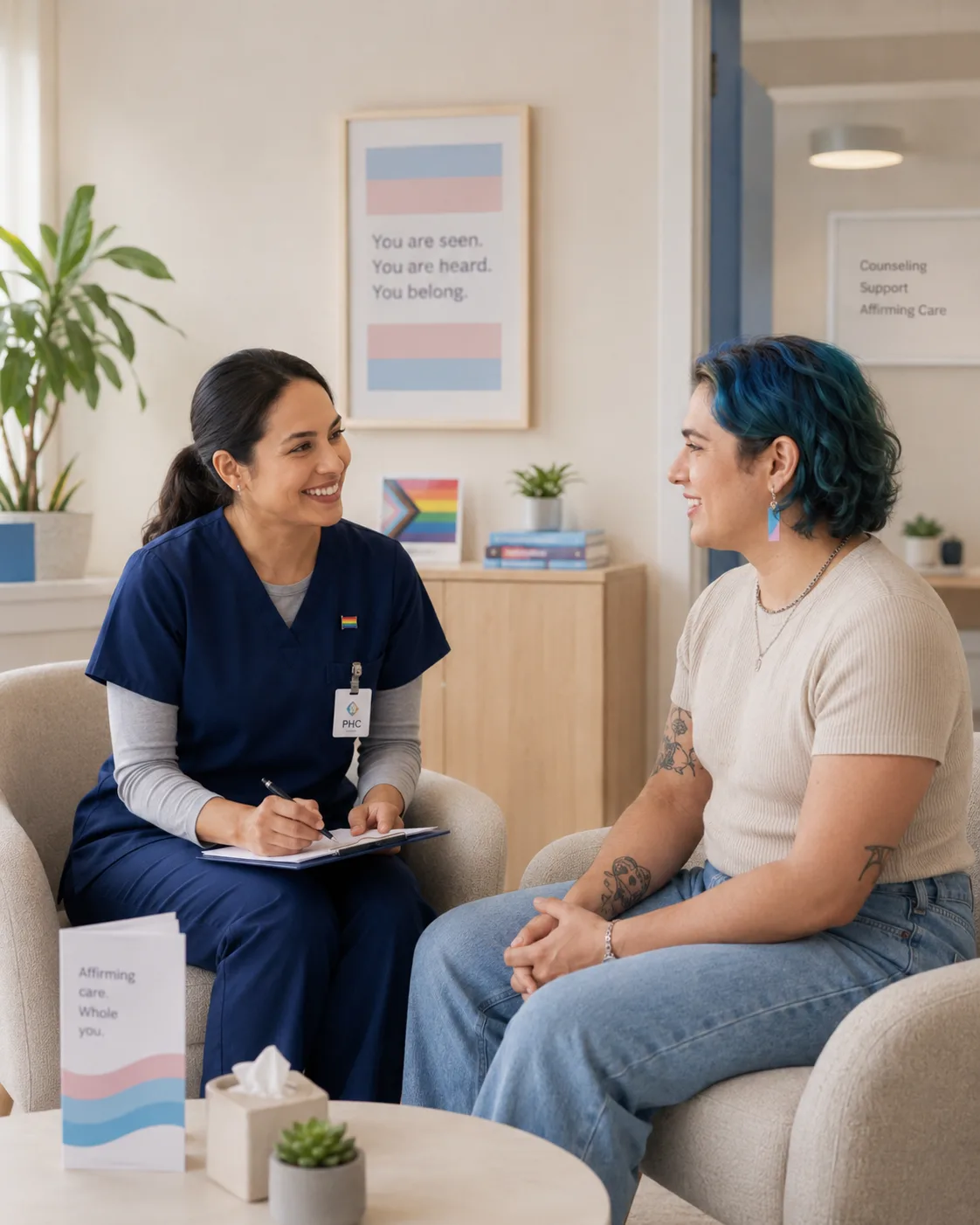 A nurse taking notes while talking with a patient in a welcoming clinic lounge