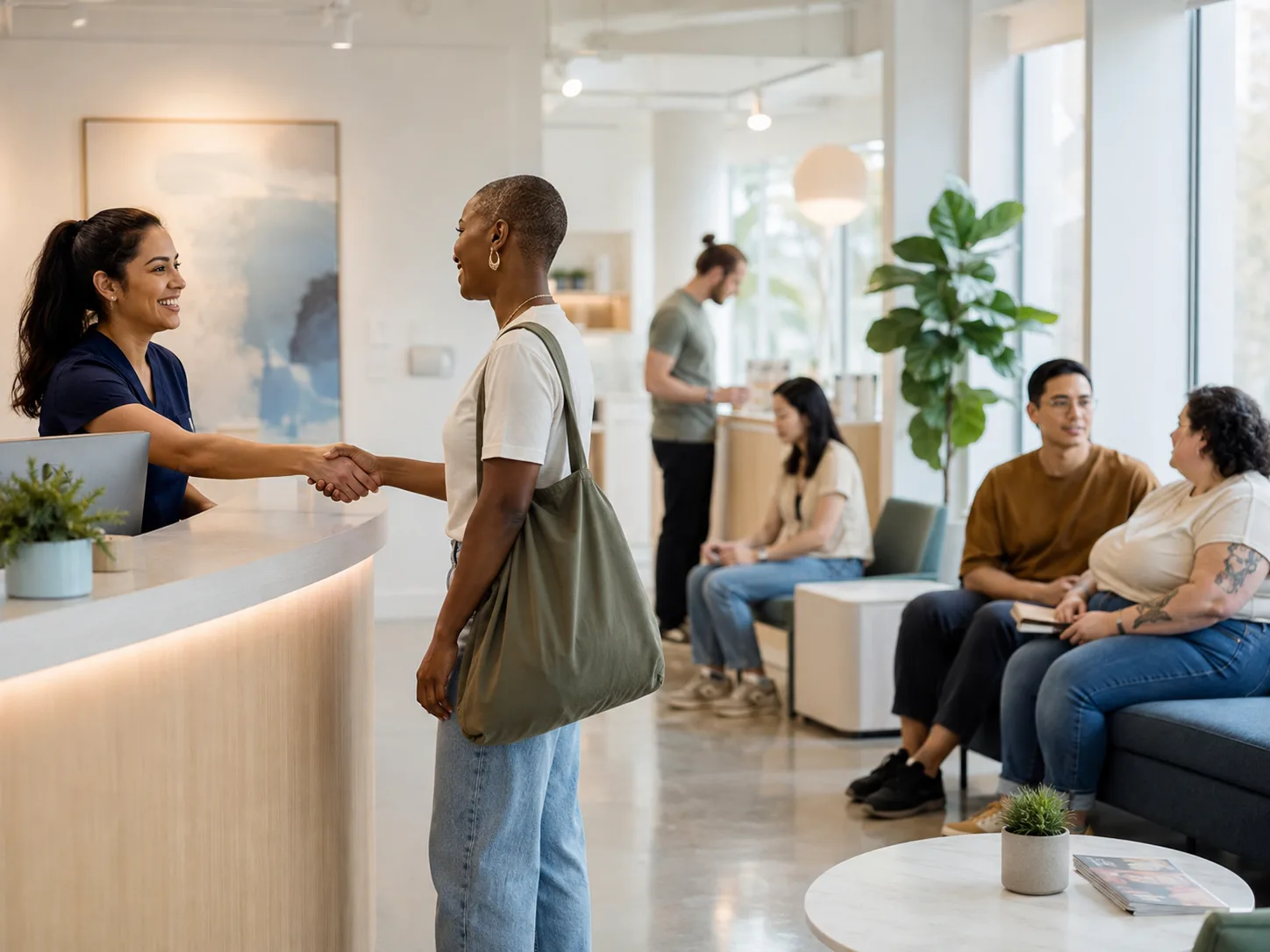A patient checking in at the PHC front desk while other patients wait in the clinic lobby