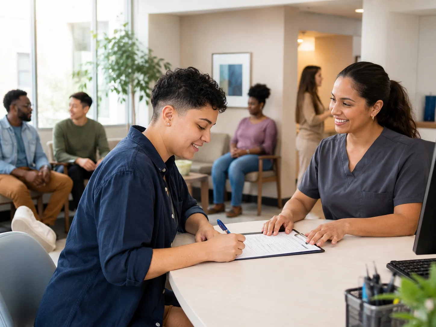 A patient filling out intake forms with a smiling staff member at the front desk