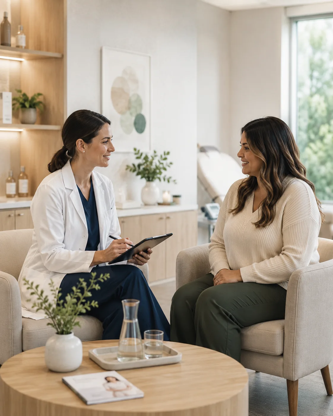 A clinician with a tablet discussing a care plan with a patient in a consultation room