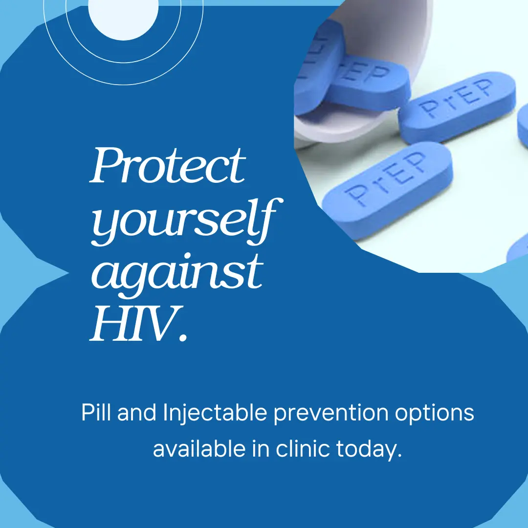 Protect yourself against HIV: pill and injectable prevention options available in clinic today. Blue PrEP tablets spilling from a bottle.